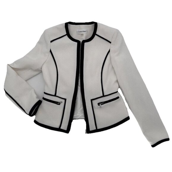 Calvin Klein White With Black Piped Trim Pique Jacket/Blazer Woman’s Size 2 - Picture 1 of 14